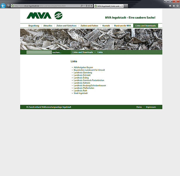 Screenshot Webauftritt MVA Ingolstadt, Links