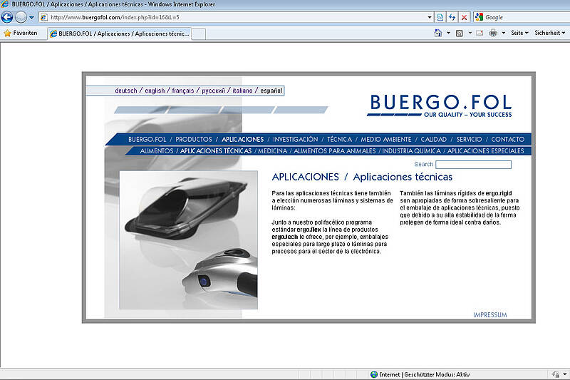 Screenshot des Webauftritts der BUERGO.FOL GmbH, spanisch