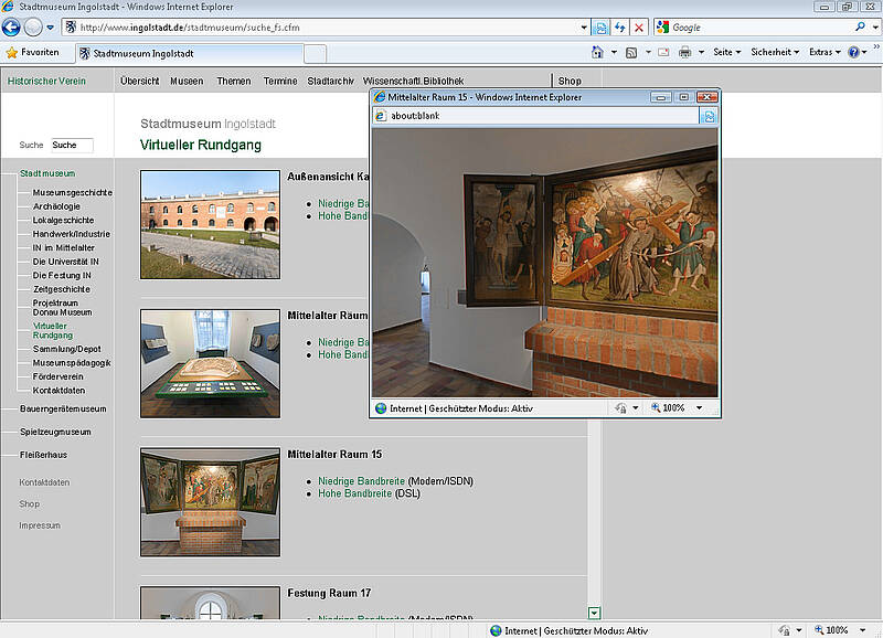 Screenshot des Webauftritts des Stadtmuseums Ingolstadt, Virtueller Rundgang