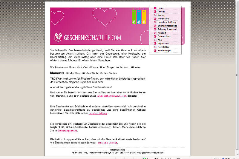 Homepage des Online-Shops geschenkschatulle.com