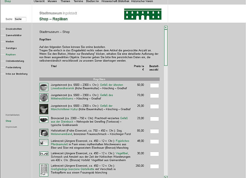 Screenshot des Webauftritts des Stadtmuseums Ingolstadt, Shop
