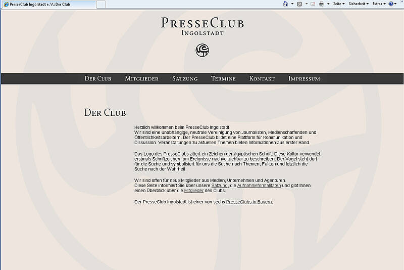 Screenshot des Webauftritts des Presseclubs Ingolstadt, Der Club