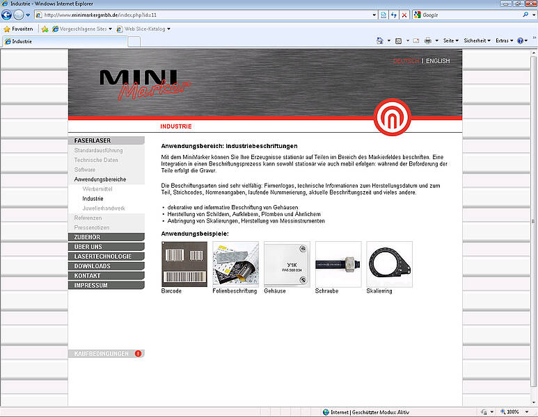 Webseite zu den Anwendungsbereichen des Faserlasers der MiniMarker GmbH