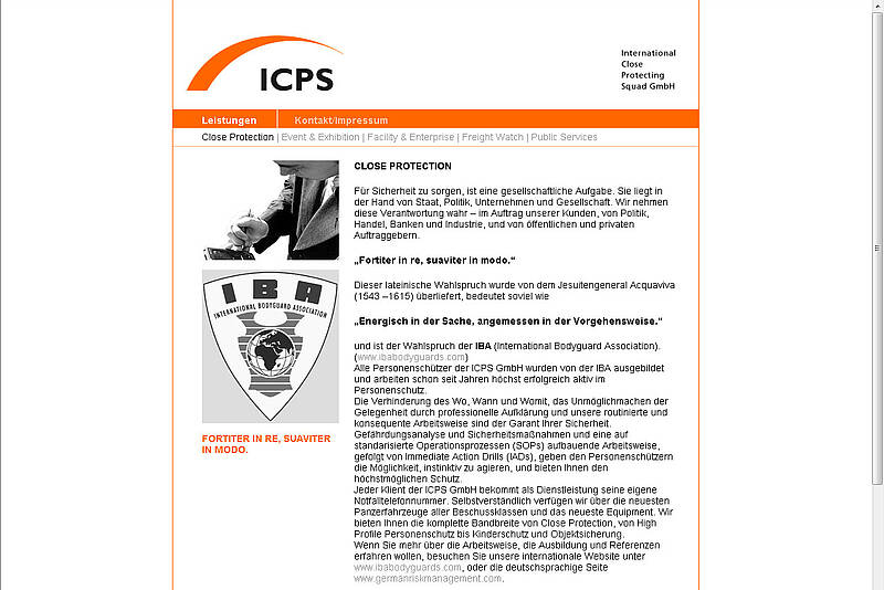 Screenshot des Webauftritts der ICPS GmbH, Leistungen