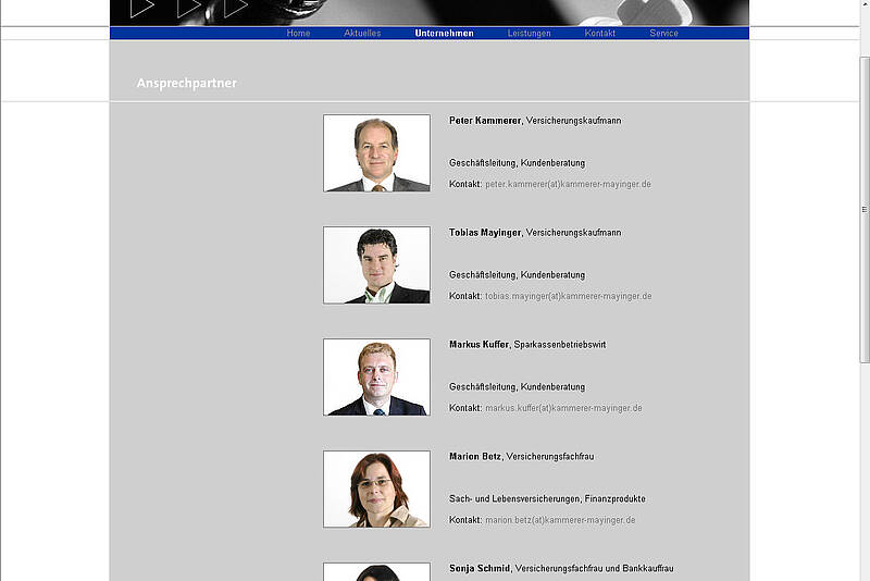 Screenshot des Webauftritt der Kammerer und Mayinger GmbH & Co. KG, Ansprechpartner