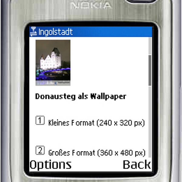 Webseite zum Download eines Wallpapers aus dem Webauftritt ingolstadt.mobi, Emulator-Darstellung