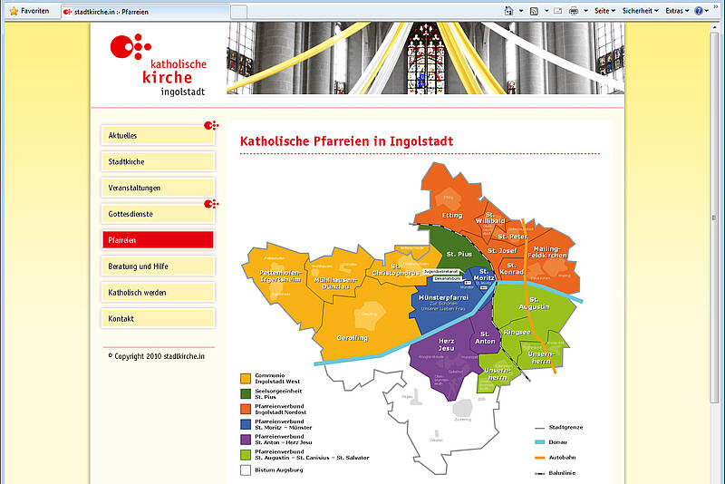 Screenshot Pfarreienübersicht beim Katholischen Stadtdekanat