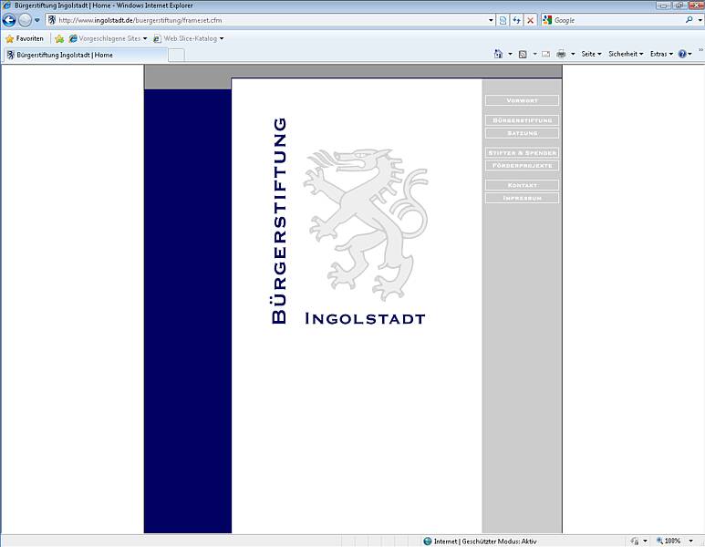 Screenshot des Webauftritts der Bürgerstiftung Ingolstadt, Homepage