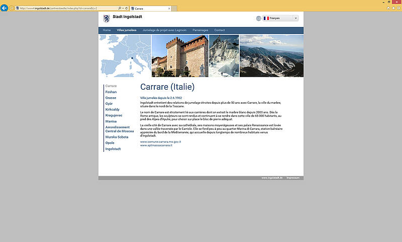 Screenshot des Webauftritts der Partnerstädte der Stadt Ingolstadt, Webseite (französisch)