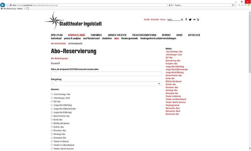 Screenshot Webauftritt Stadttheater Aboreservierungen