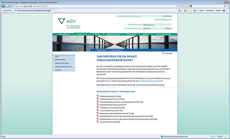 Screenshot Webauftritt des AGV, Tarifverträge