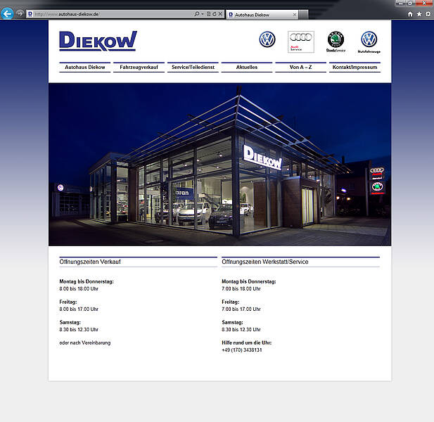 Screenshot Webauftritt Autohaus Diekow, Homepage