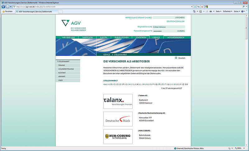 Screenshot Webauftritt des AGV, Stellenmarkt