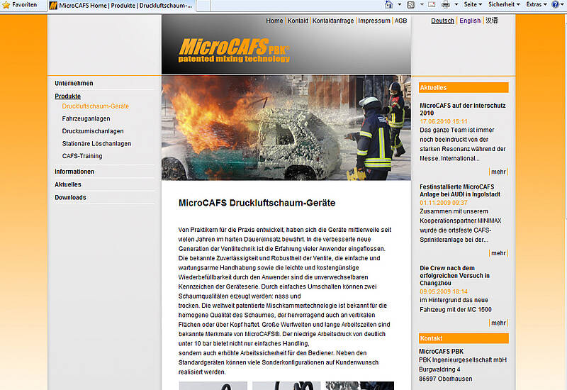 Screenshot Webauftritt MicroCAFS PBK, Druckluftschaumgeräte