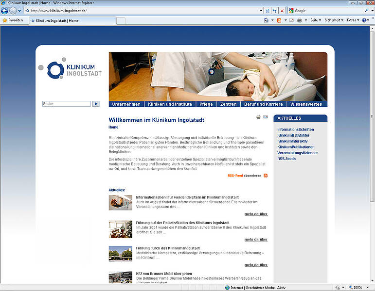 Screenshot des Webauftritts des Klinikums Ingolstadt, Homepage