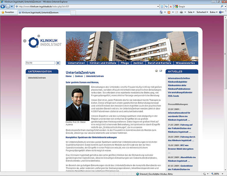 Screenshot des Webauftritt des Klinikums Ingolstadt, UnterleibZentrum