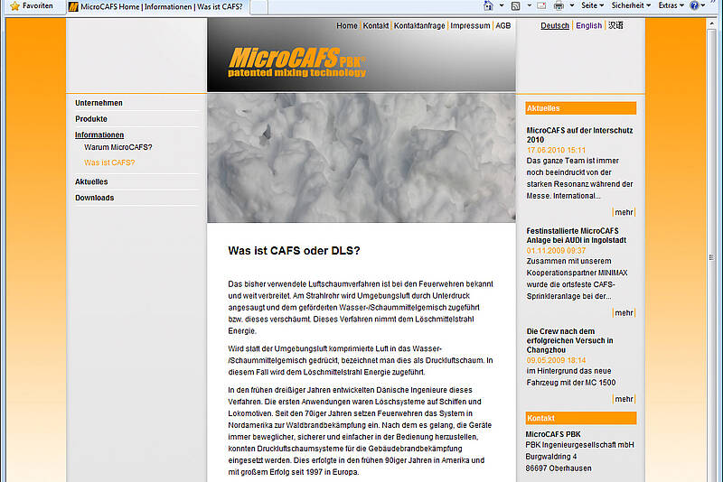 Screenshot Webauftritt MicroCAFS PBK, Informationen
