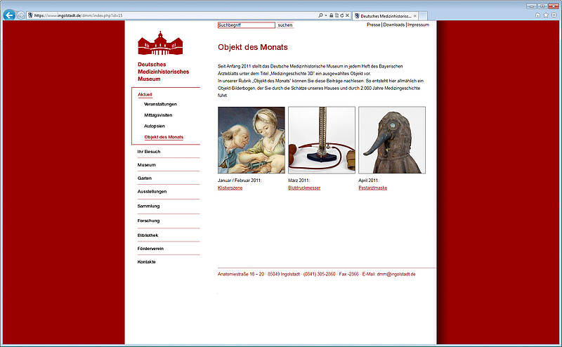 Screenshot Webauftritt DMM Ingolstadt, Objekt des Monats