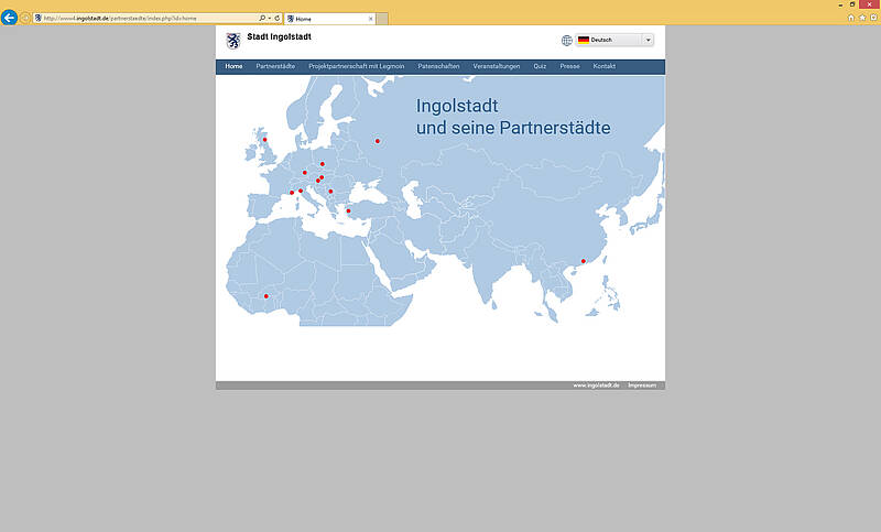 Screenshot des Webauftritts der Partnerstädte der Stadt Ingolstadt, Startseite
