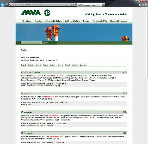 Screenshot Webauftritt MVA Ingolstadt, Indexsuche