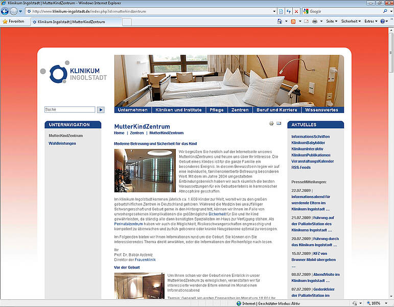 Screenshot des Webauftritts des Klinikums Ingolstadt, MutterKindZentrum