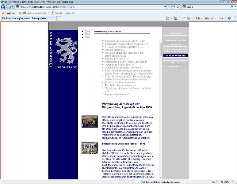 Screenshot des Webauftritts der Bürgerstiftung Ingolstadt, Förderprojekte 2008