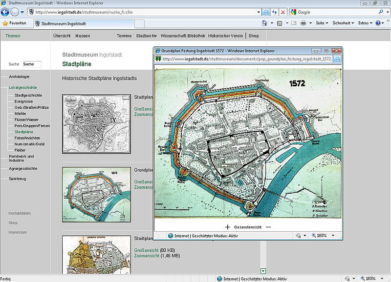 Screenshot des Webauftritts des Stadtmuseums Ingolstadt, Historischer Stadtplan