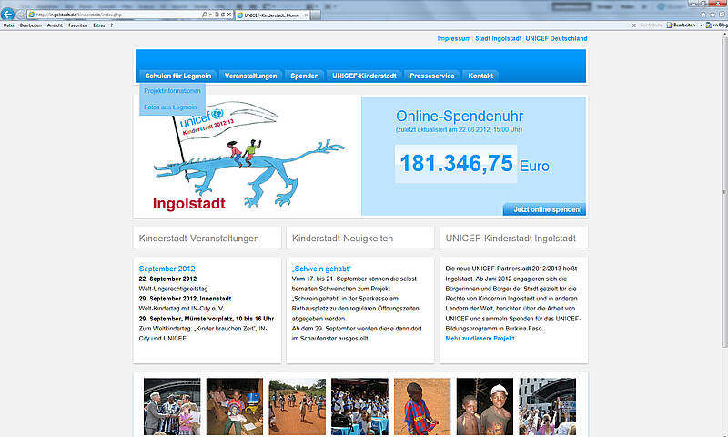 Homepage der UNICEF-Kinderstadt 2012/2013