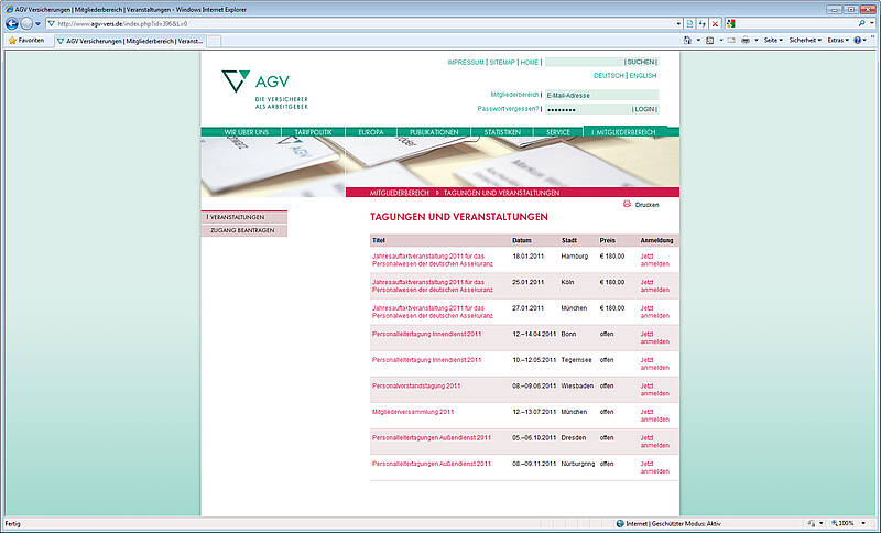 Screenshot Webauftritt des AGV, Mitgliederbereich