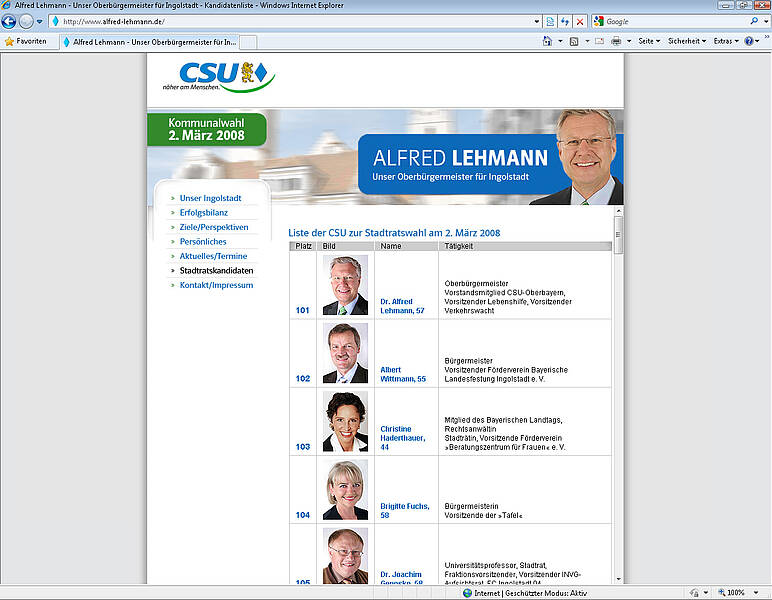 Screenshot des Webauftritts von Oberbürgermeister Dr. Alfred Lehmann, Stadtratskandidaten