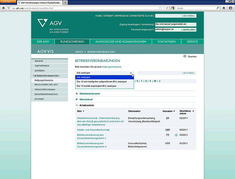 Screenshot Webdesignentwurf Betriebsvereinbarungen AGV