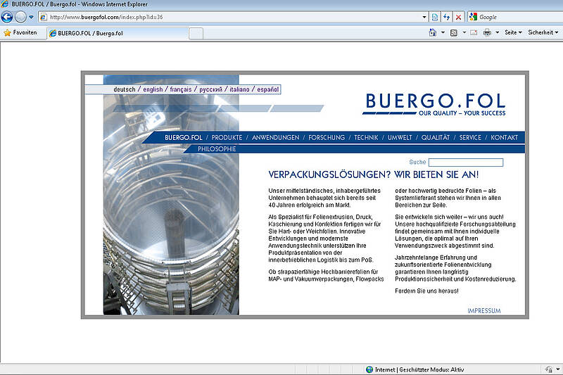 Screenshot des Webauftritts der BUERGO.FOL GmbH, deutsch