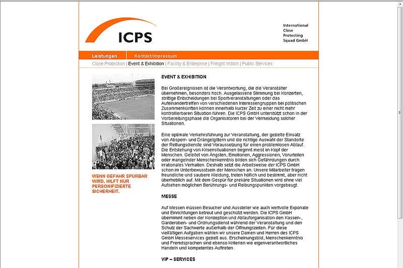 Screenshot des Webauftritts der ICPS GmbH, Event & Exhibition