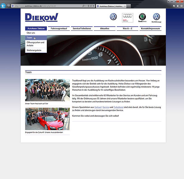 Screenshot Webauftritt Autohaus Diekow, Team