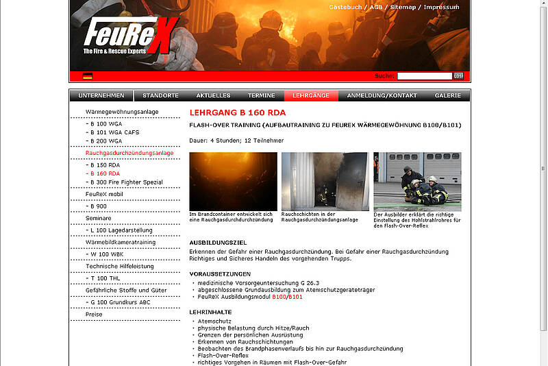 Screenshot des Webauftritts der FeuReX GmbH, Lehrgangs-Informationen