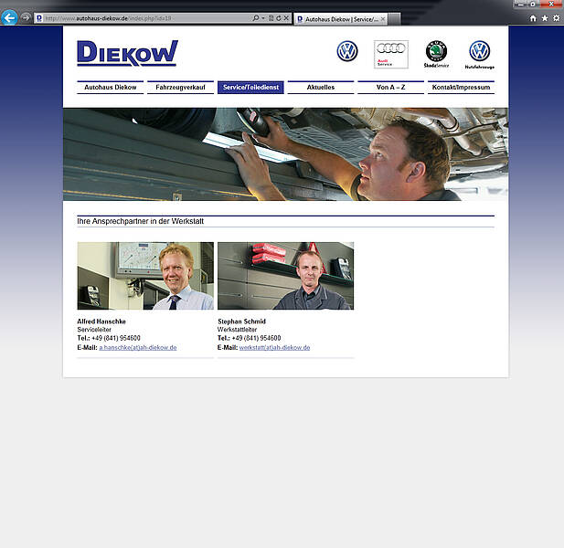 Screenshot Webauftritt Autohaus Diekow, Werkstatt