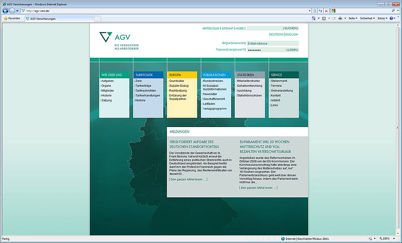 Screenshot Webauftritt des AGV, Startseite