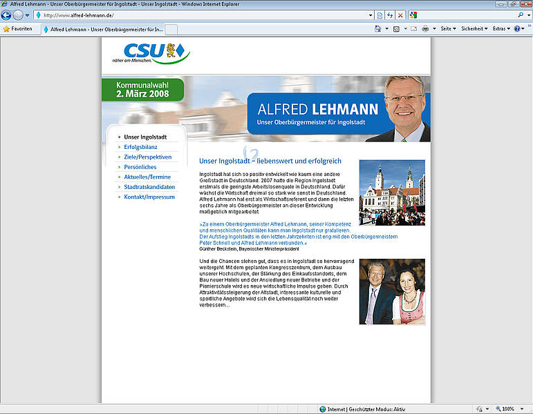 Screenshot des Webauftritts von Oberbürgermeister Dr. Alfred Lehmann, Homepage
