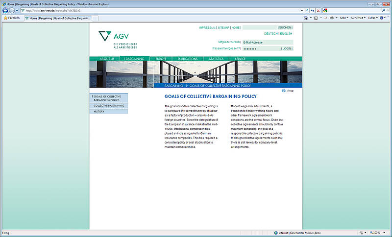 Screenshot Webauftritt des AGV, englische Version